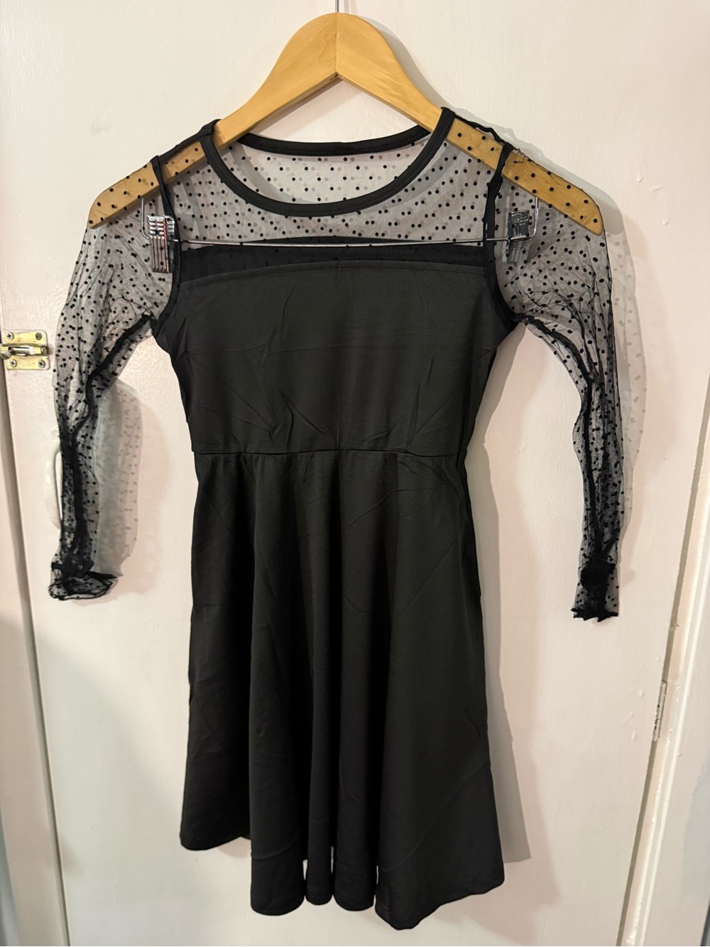 Black Sheer Dot Sleeve Fit-and-Flare Dress